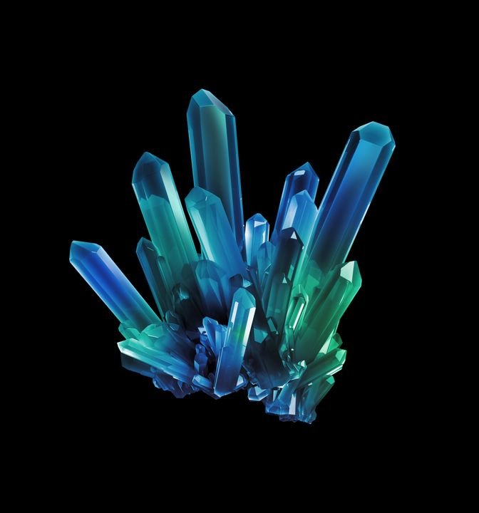 A cluster of blue and green crystals glows against a black background.