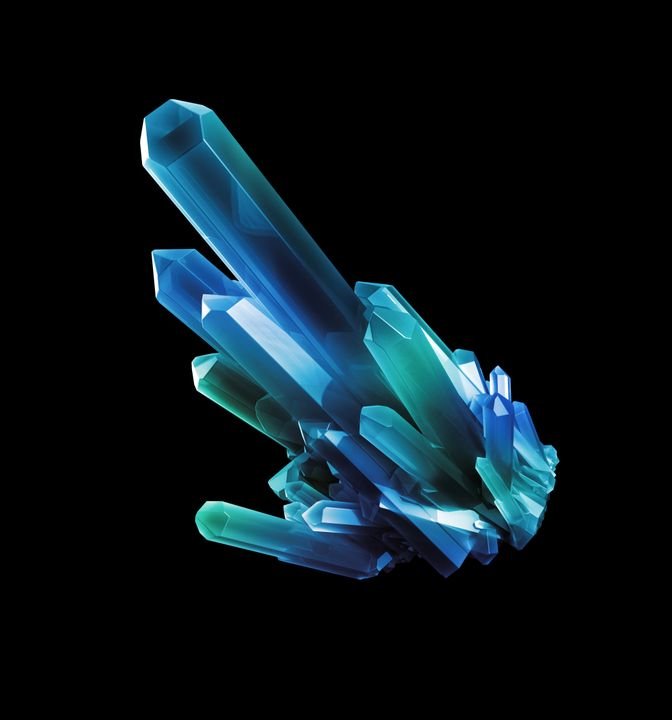 A cluster of blue and teal crystals glows against a black background, showcasing sharp geometric shapes and vibrant colors.