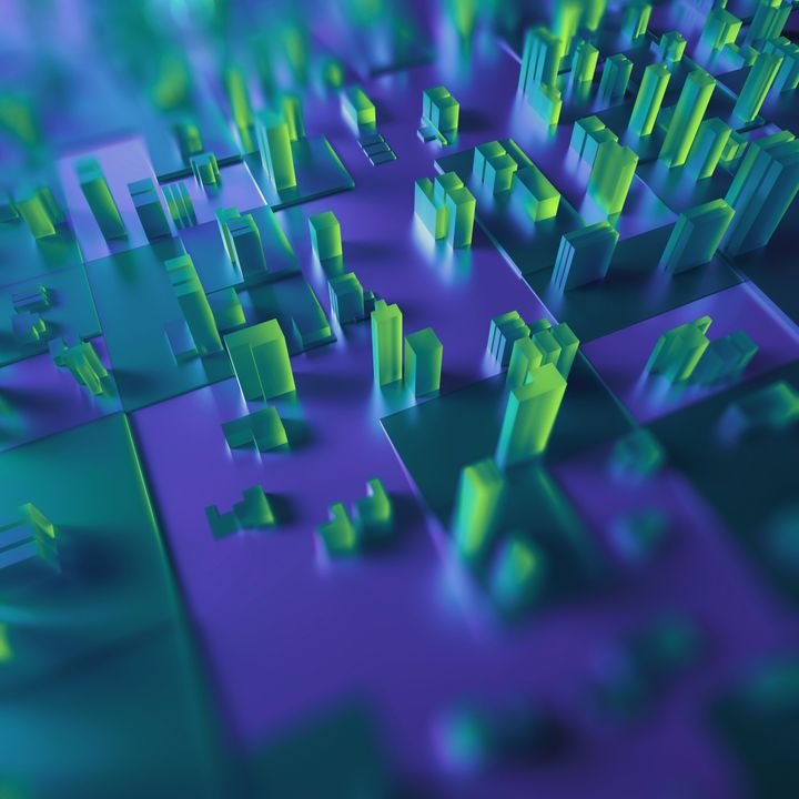 A futuristic cityscape with glowing green and blue buildings on a grid-like terrain.