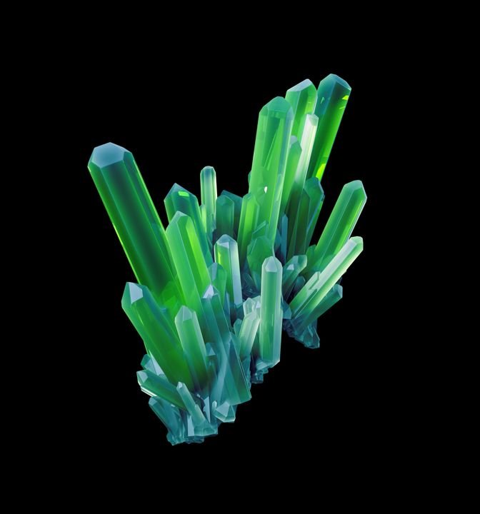 A cluster of vibrant green crystals with blue-tinted bases stands against a stark black background.