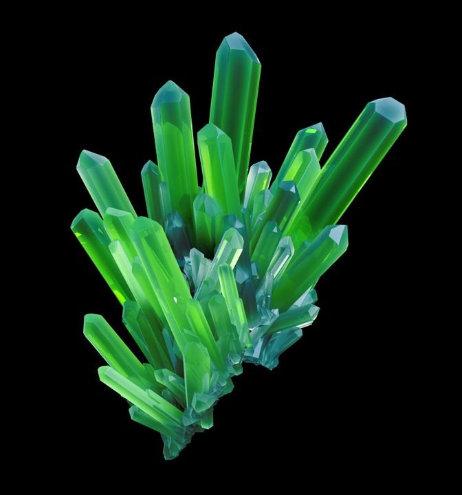 A cluster of vibrant green crystals with sharp, geometric shapes stands out against a stark black background.