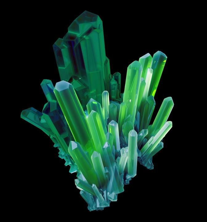 Green crystals cluster together, glowing with vibrant hues against a stark black background.