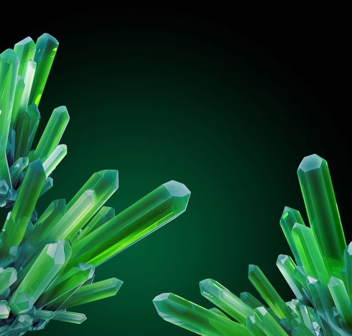 Vibrant green crystals grow in sharp, geometric clusters against a dark green gradient background.
