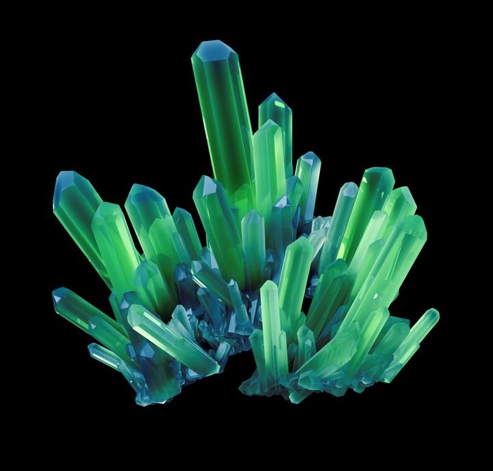A cluster of vibrant green and blue translucent crystals grows upward, showcasing sharp geometric shapes against a stark black background.