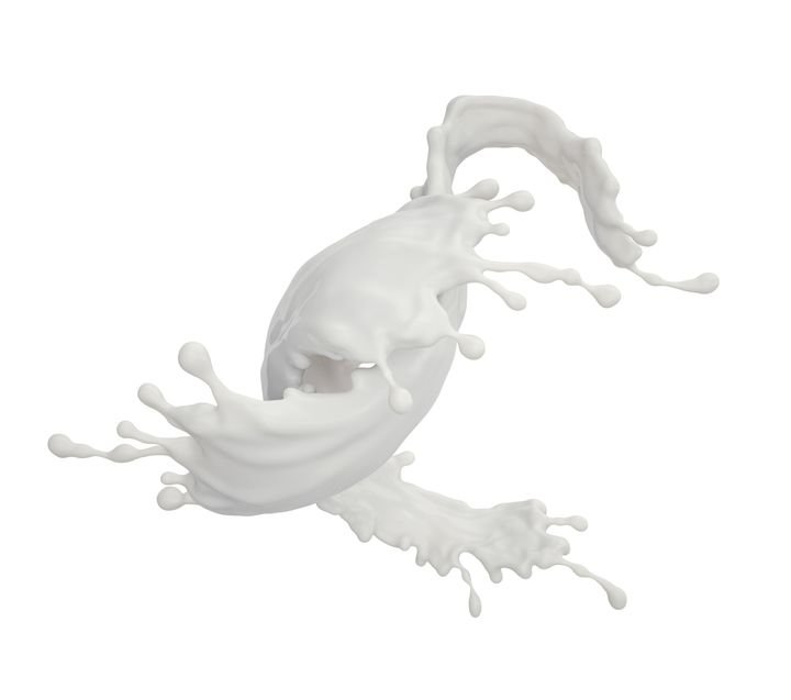A dynamic splash of white liquid freezes mid-air, forming intricate droplets and curves against a stark white background.