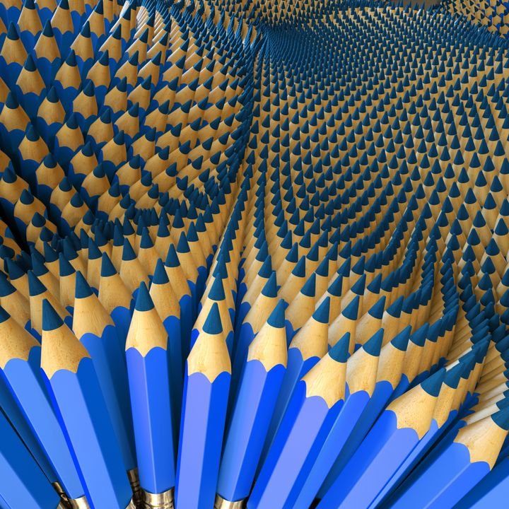 Rows of blue pencils form a wavy, three-dimensional pattern with sharp tips pointing upward.