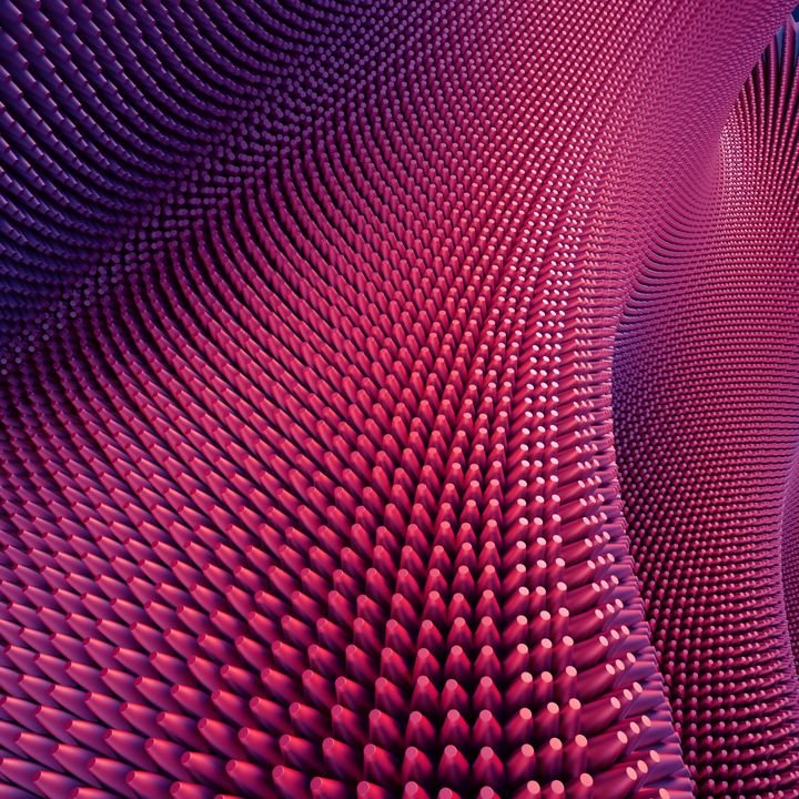 A mesmerizing abstract pattern of vibrant purple and pink spikes curves dynamically across the frame, creating a sense of motion and depth.