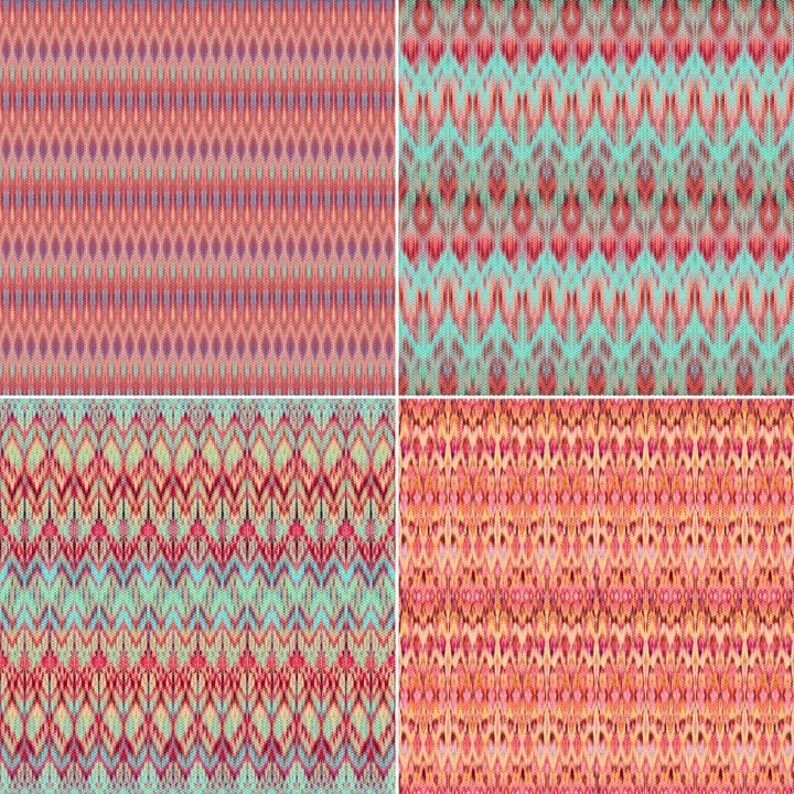 Four colorful, seamless geometric patterns feature repeating zigzags, diamonds, and stripes in vibrant reds, pinks, and teals.