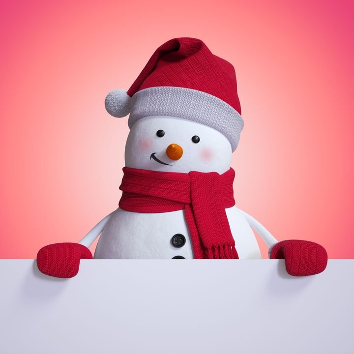A cheerful snowman wears a red hat and scarf, holding a blank white sign against a pink gradient background.