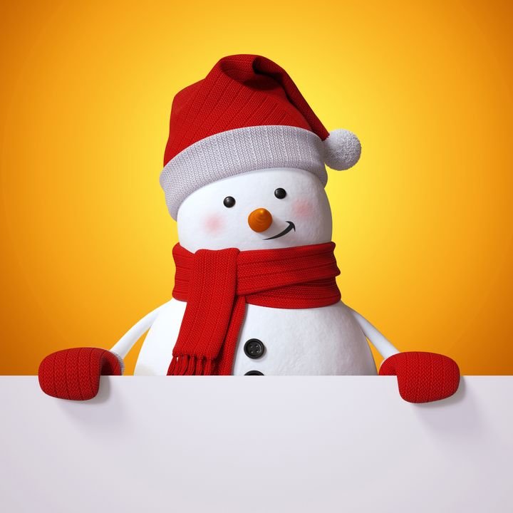 A cheerful snowman wears a red hat and scarf, holding a blank white sign against a vibrant yellow background.