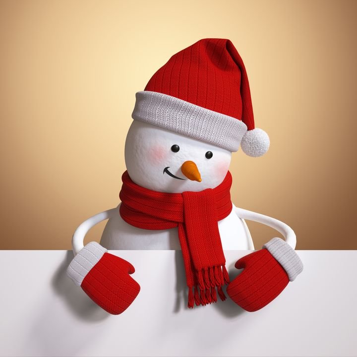 A cheerful snowman wears a red hat, scarf, and mittens while holding a blank white sign.