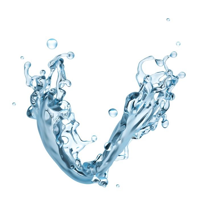 A dynamic splash of water forms a V-shape, with droplets flying upward against a stark white background.