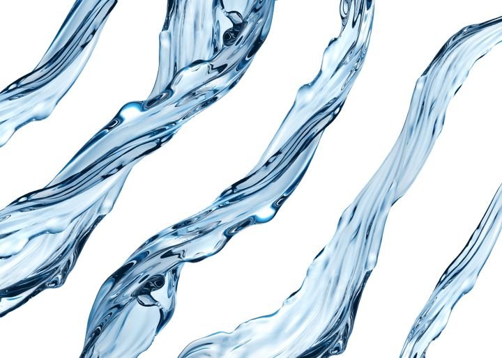 Dynamic blue water streams flow diagonally across a clean white background, showcasing fluid motion and texture.