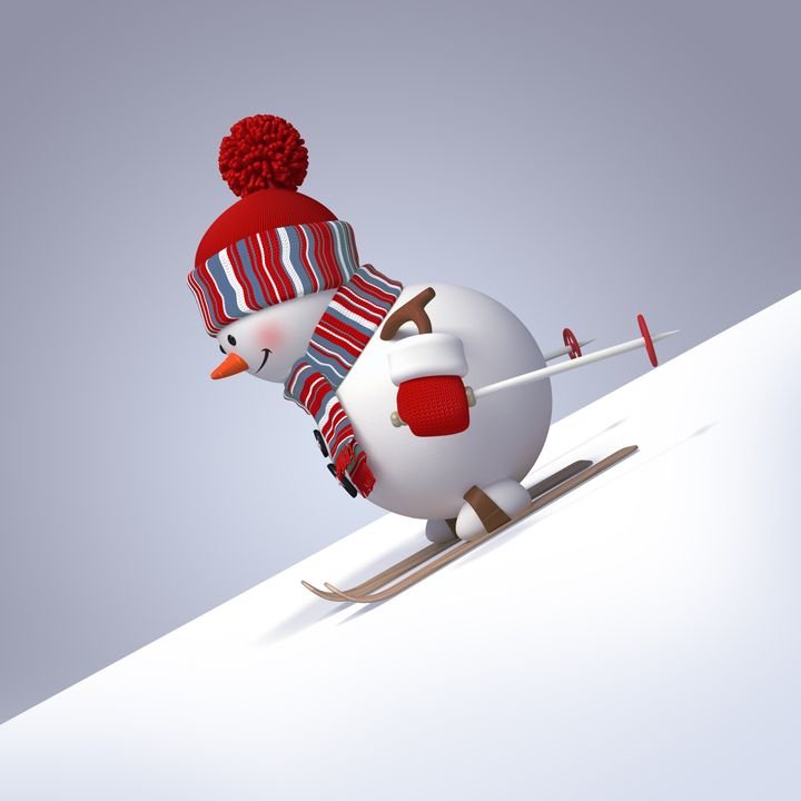 A cheerful snowman skis down a snowy slope, wearing a red hat and striped scarf.