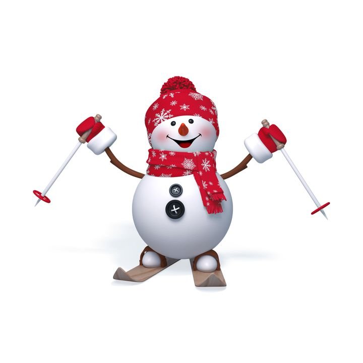 A cheerful snowman wears a red hat and scarf, holding ski poles while standing on skis against a white background.