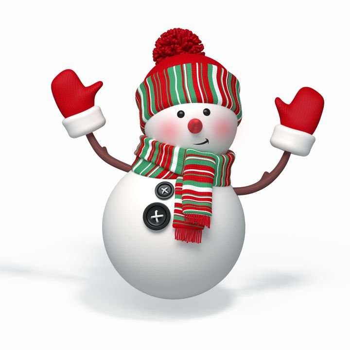 A cheerful snowman waves with red mittens, wearing a striped hat and scarf against a white background.