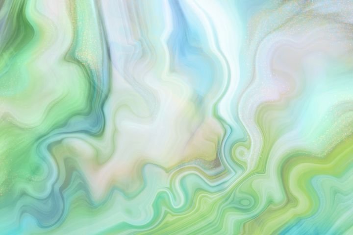 Abstract art features swirling patterns in soft pastel shades of green, blue, and white, creating a fluid, dreamy texture.