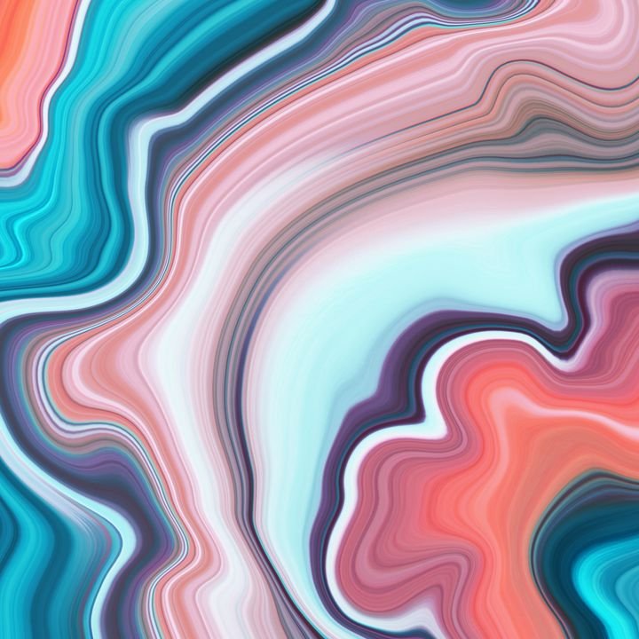 A vibrant abstract design features swirling patterns of teal, pink, and white, creating a fluid, marbled texture.