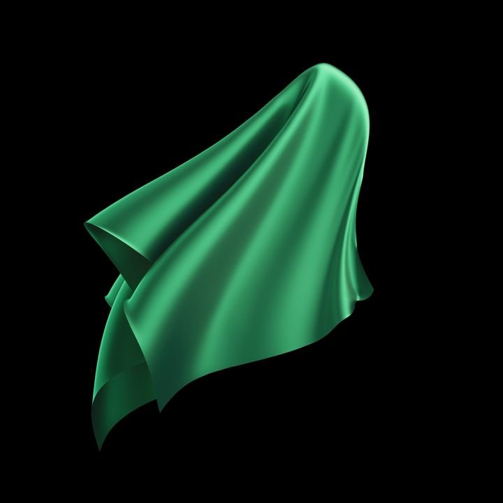 A flowing green fabric floats against a black background.