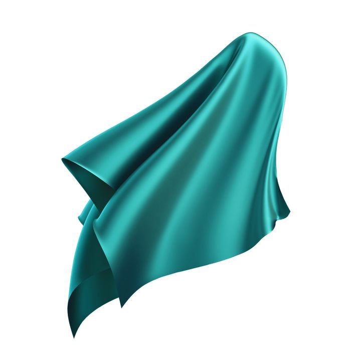 A flowing teal fabric drapes elegantly, showcasing smooth folds and a glossy texture against a stark white background.