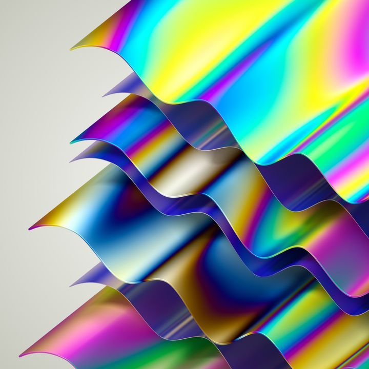 Wavy, iridescent layers ripple diagonally across the frame, displaying a vibrant spectrum of colors.