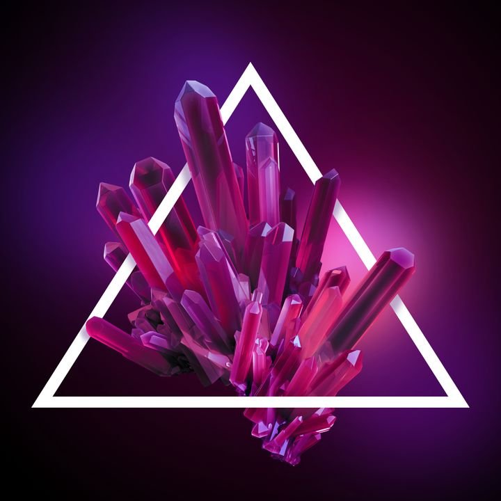 A cluster of glowing purple crystals sits inside a white neon triangle against a dark purple background.