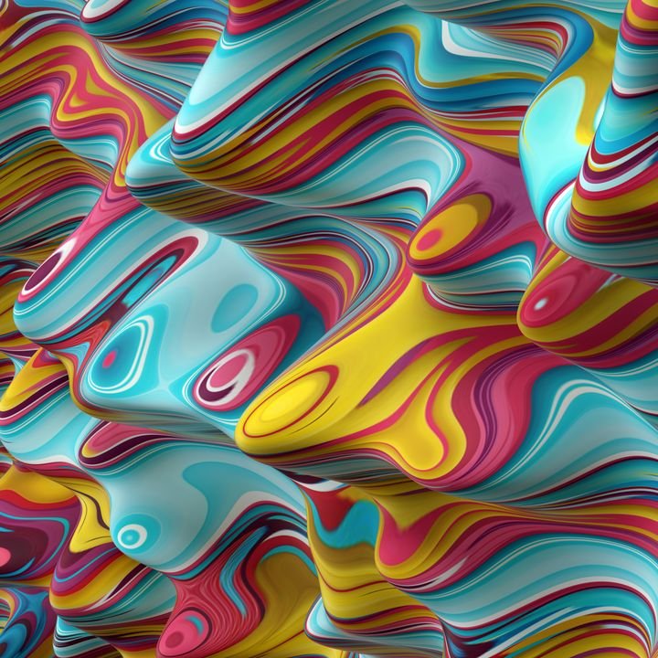 Vibrant, swirling colors flow across a dynamic, abstract surface with fluid shapes and bold patterns.