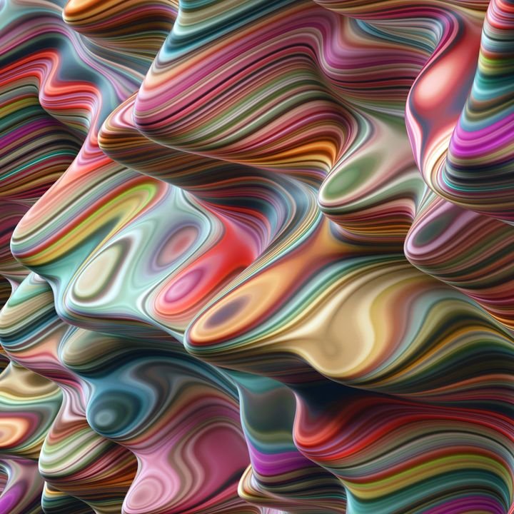 Vibrant, wavy lines swirl in a colorful, abstract pattern resembling liquid metal or flowing fabric.