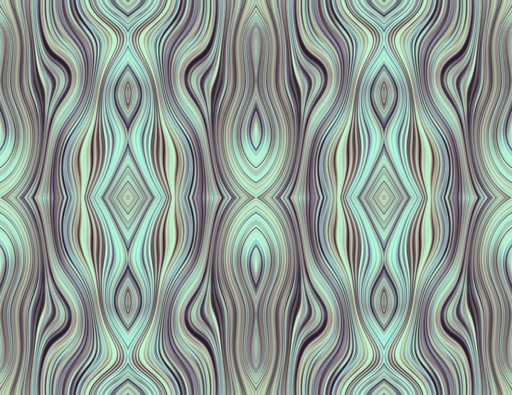 Abstract pattern features wavy lines in teal, purple, and brown, forming diamond shapes against a textured background.