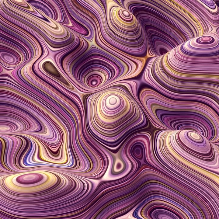 Vibrant purple and gold swirls create a mesmerizing abstract pattern with flowing lines and circular shapes.