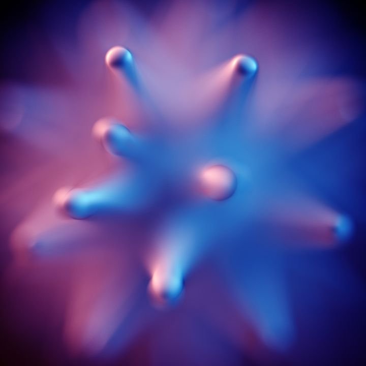 A blurred, abstract 3D object with glowing blue and purple spikes radiates against a dark background.