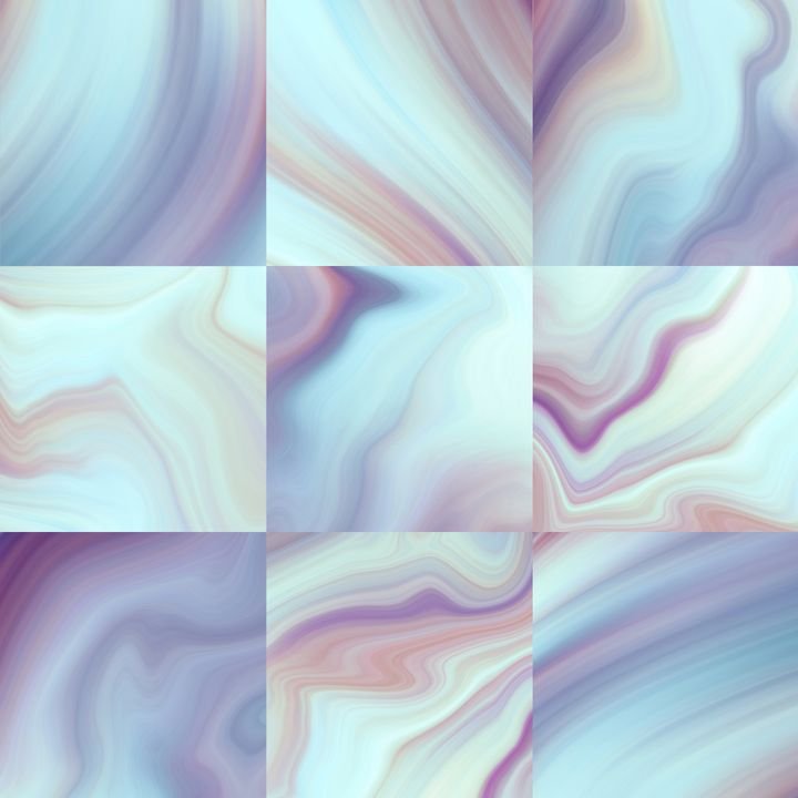 A grid of nine abstract panels featuring soft, flowing gradients of pastel blues, purples, and pinks with smooth, wavy textures.