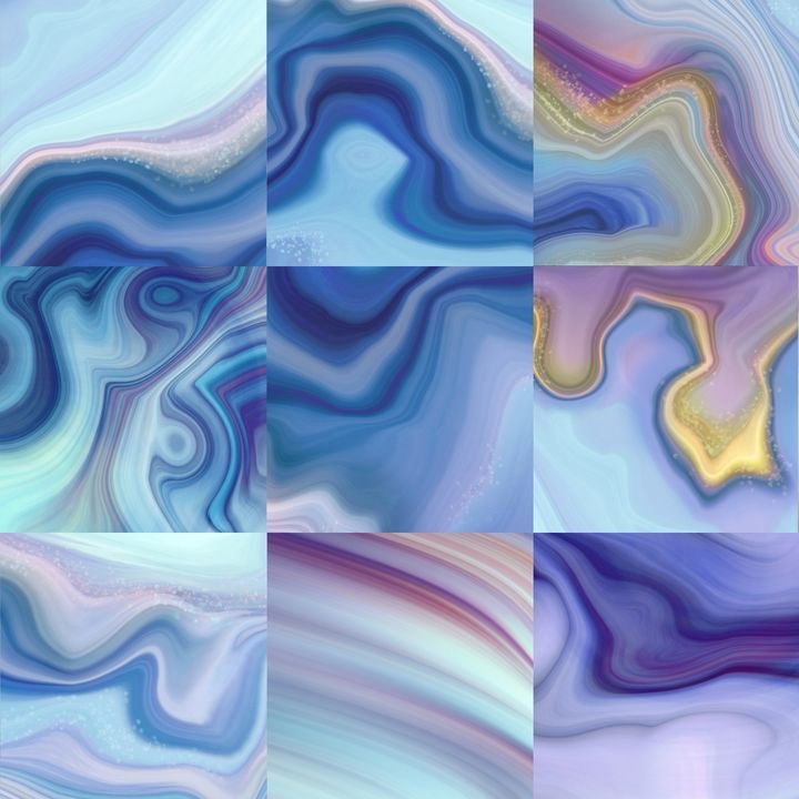 A grid of nine abstract fluid art pieces featuring swirling patterns in shades of blue, purple, and gold.
