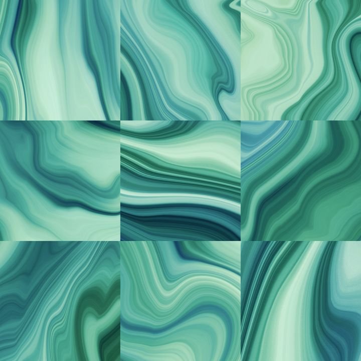 A seamless pattern of swirling teal and green marble textures fills the frame with fluid, organic shapes.