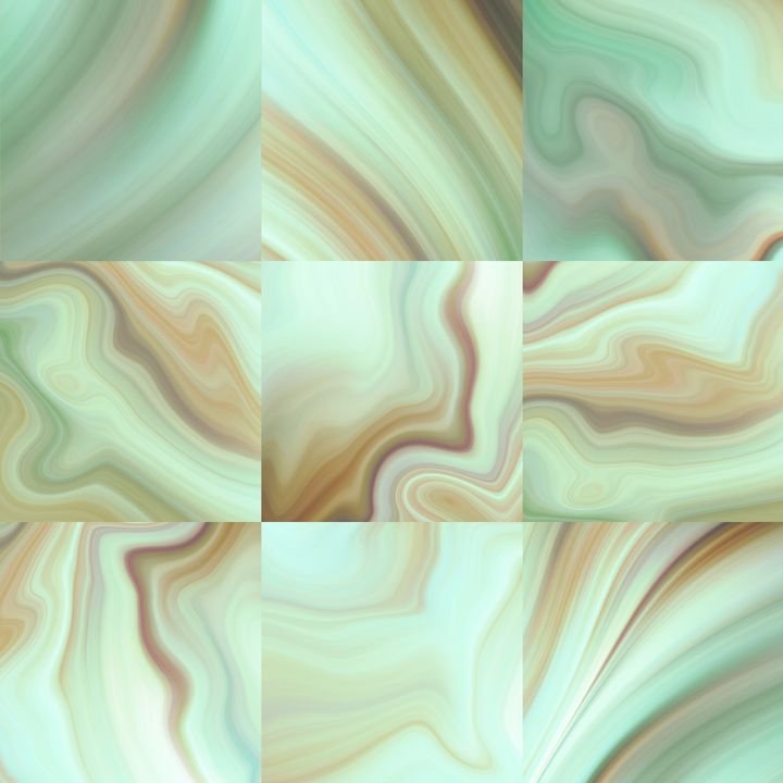 A grid of nine abstract panels featuring swirling patterns in soft pastel greens, browns, and creams.