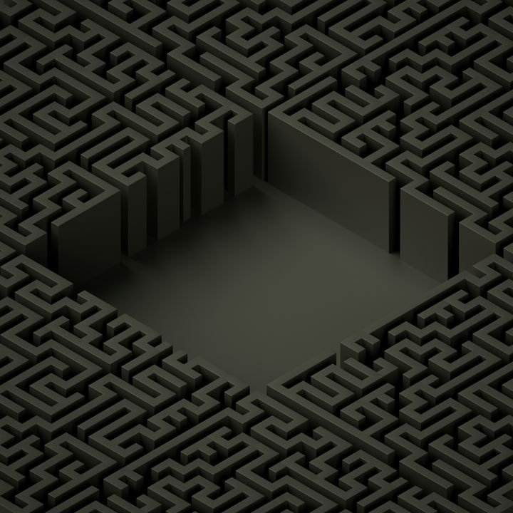 A dark, 3D maze with a central, empty square opening. The structure is made of uniform, blocky walls.