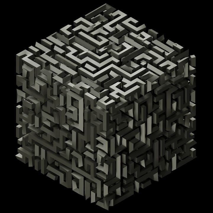 A complex 3D maze cube with interlocking pathways and geometric patterns.