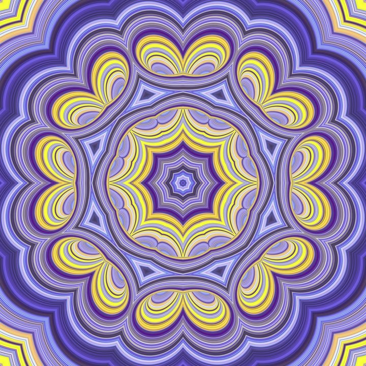 A vibrant, symmetrical mandala design features swirling purple and yellow patterns radiating from a central star shape.