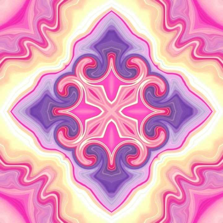 A symmetrical, kaleidoscopic design features swirling patterns of pink, purple, and yellow. The central motif resembles a stylized flower or star, radiating outwards in a mesmerizing, abstract style.