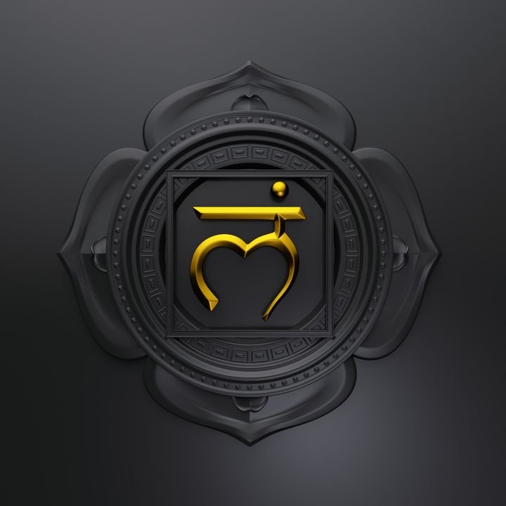 A golden Om symbol sits inside a square frame on a dark, ornate lotus-shaped background with intricate patterns.