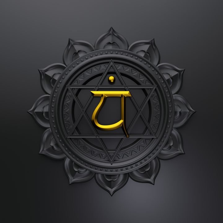 A golden 'Om' symbol sits at the center of a dark, metallic mandala. The intricate design features a Star of David within a circular frame, surrounded by lotus petals against a dark grey background.
