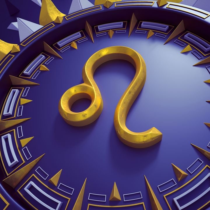 A golden Leo zodiac symbol sits at the center of a purple circular design with geometric patterns and sharp accents.