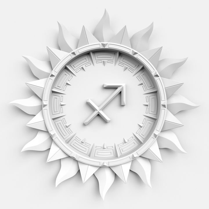 A white, 3D zodiac symbol for Aries is centered on a sunburst background. The design features sharp, geometric rays radiating from a circular frame.