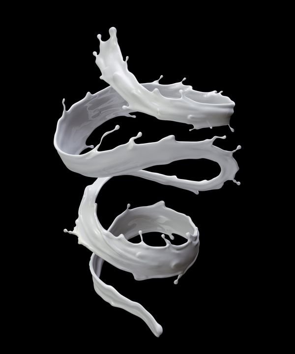 3d render, digital illustration, milk, spiral liquid splash, white wave, isolated on black background