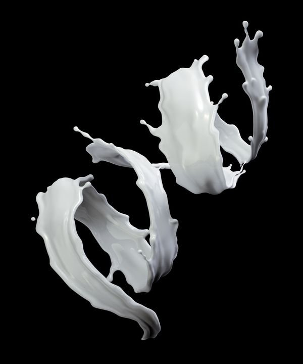 3d render, milk splash, drink clip art, liquid splashing, milky jet, white paint, element isolated on black background