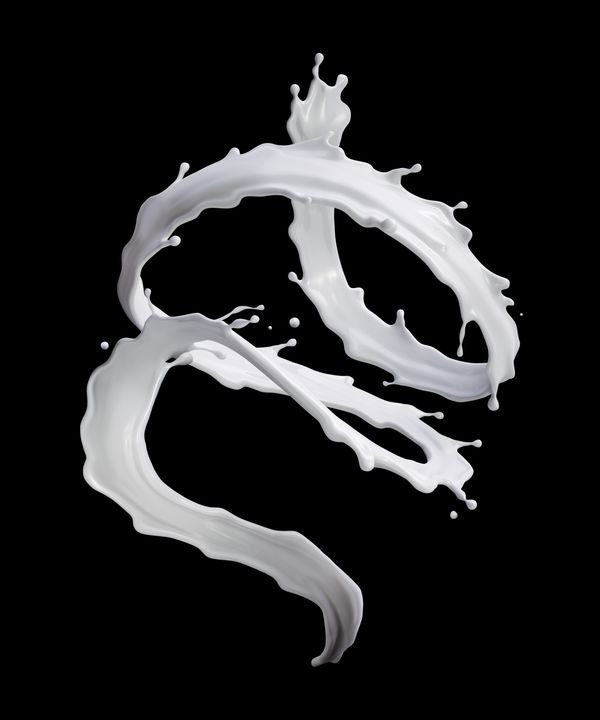 3d render, milk splash, drink clip art, liquid splashing, milky jet, white paint, element isolated on black background