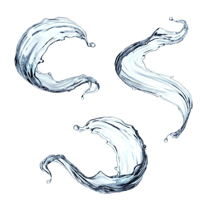 3d render, clean and clear water splash, wave, pure liquid clip art, isolated on white background