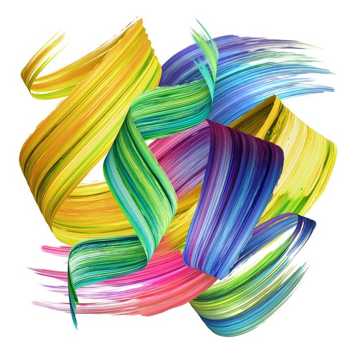 3d render, abstract brush stroke, paint splash, splatter, colorful curl, artistic spiral, vivid ribbon