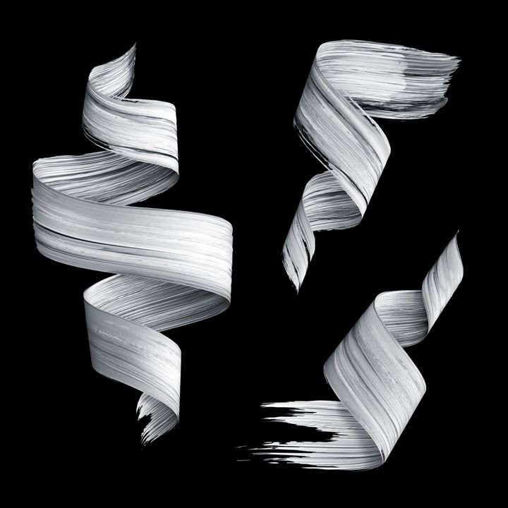 3d render, abstract brush stroke, white paint texture, splash, splatter, wavy lines, dynamic ribbon, calligraphic smear