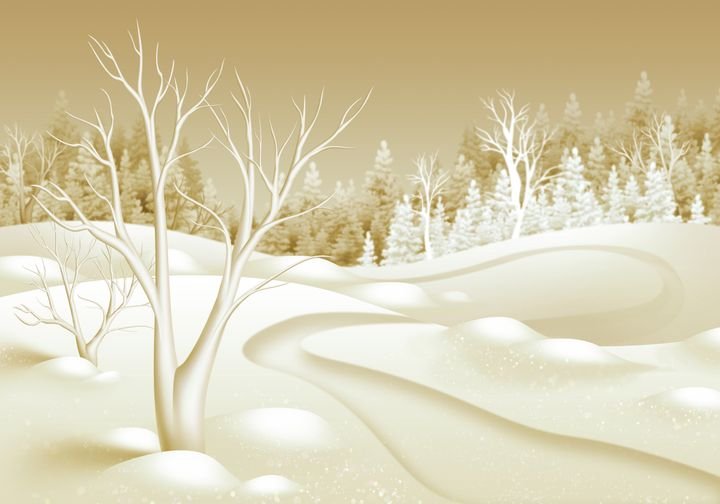 digital illustration, gold Christmas Holiday background, winter forest landscape, panoramic view, countryside, festive greeting card